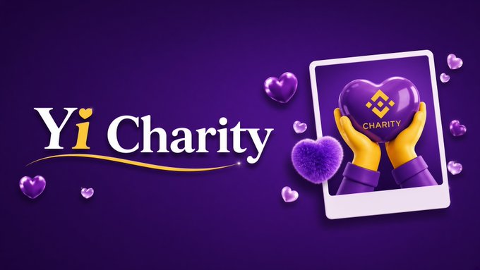 The image displays a promotional graphic for "Yi Charity" featuring white and gold text on a purple background, alongside a polaroid-style photo showing a heart with the Binance logo and the word "CHARITY" held by two yellow-gloved hands, with smaller purple hearts floating around. This visually represents the Binance Charity initiative referenced in the post for 2026, which is tied to the wallet address 0x9496681f9c6f28ed4755d4e411d8ff417d01ffff.