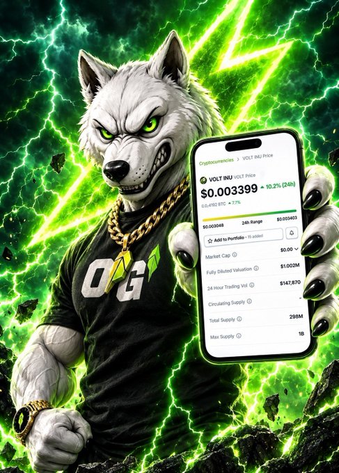 An AI-generated illustration of an anthropomorphic white wolf wearing a black 'OG' t-shirt and gold chains, holding a smartphone displaying 'VOLT INU' cryptocurrency price at $0.003399 (+10.2%) with $1.002M market cap against a green lightning background.