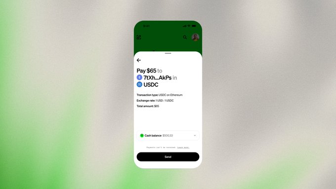 The image shows a smartphone screen displaying a payment app called CashApp. The app allows users to send and receive stablecoins, which are digital tokens that maintain their value over time. The text on the screen indicates that stablecoins can be sent via USDC or Ether, and there is an option for sending Bitcoin as well. The image also includes a green background with white text, providing information about the app's features and benefits.