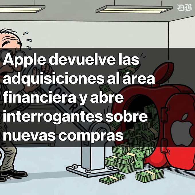 A cartoon illustration of a sweating man operating a cannon that shoots money from an Apple-shaped vault, with Spanish text reading 'Apple devuelve las adquisiciones al área financiera y abre interrogantes sobre nuevas compras.'