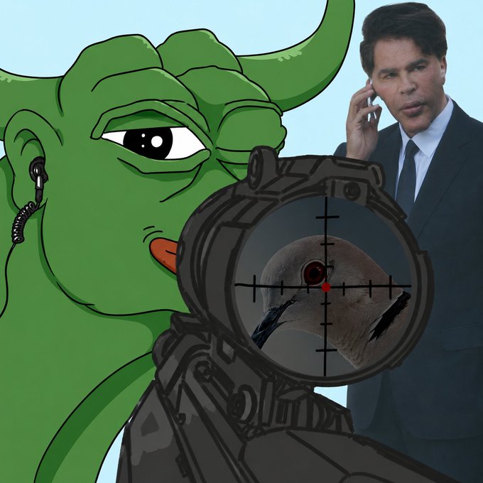 The image features a cartoon depiction of a man wearing a suit, talking on his cell phone while standing next to a gun with a bird's eye view through its scope. The caption reads "he sold? pump it" which seems to be a reference to the movie "He Sells". This post is likely related to this movie and the character "He Sells", as indicated by the caption.