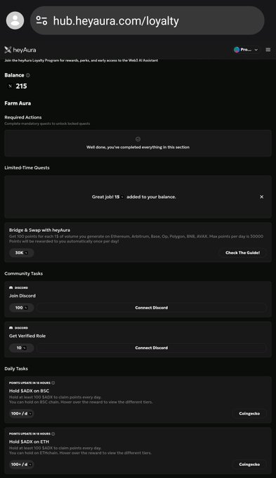 A screenshot of the heyAura loyalty hub page (hub.heyaura.com/loyalty) showing a user balance of 215 $AURA, limited-time quests, community tasks (Join Discord, Get Verified Role), and daily tasks to hold $AXA on BSC and ETH.
