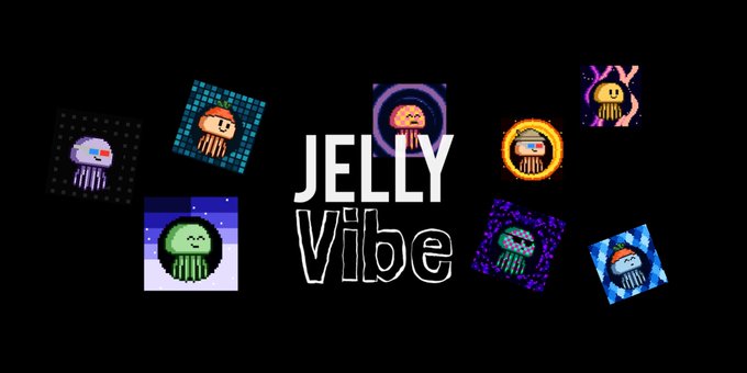 The image features a poster for JellyVibe phase 2 of the game, which includes various jellyfish illustrations along with code-generated backgrounds and patterns. The poster also contains text that reads "JellyVibe Phase 2" and "Public Mint is Now Live on @SentX_io 88 JellyFish in Phase 2 JellyVibe is a code-generated collection on $HBAR, featuring hand-drawn jellyfish characters combined with unique code-generated backgrounds and patterns Mint here: sentx.io/launchpad/jell ...". The poster showcases the game's theme and its progress through phase two.