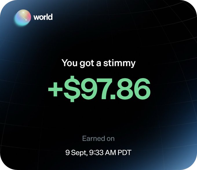 A screenshot of a Worldcoin notification showing "You got a stimmy +$97.86" earned on 9 Sept at 9:33 AM PDT, illustrating the airdrop reward received after following the steps to claim the @world_xyz airdrop.