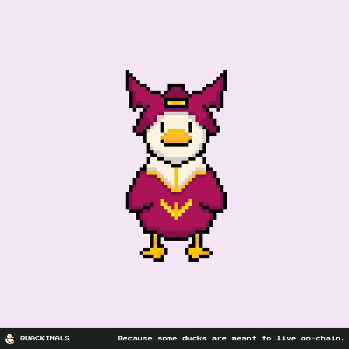 Pixel art of a white duck wearing a purple and gold outfit; text reads 'QUACKINALS' and 'Because some ducks are meant to live on-chain.'