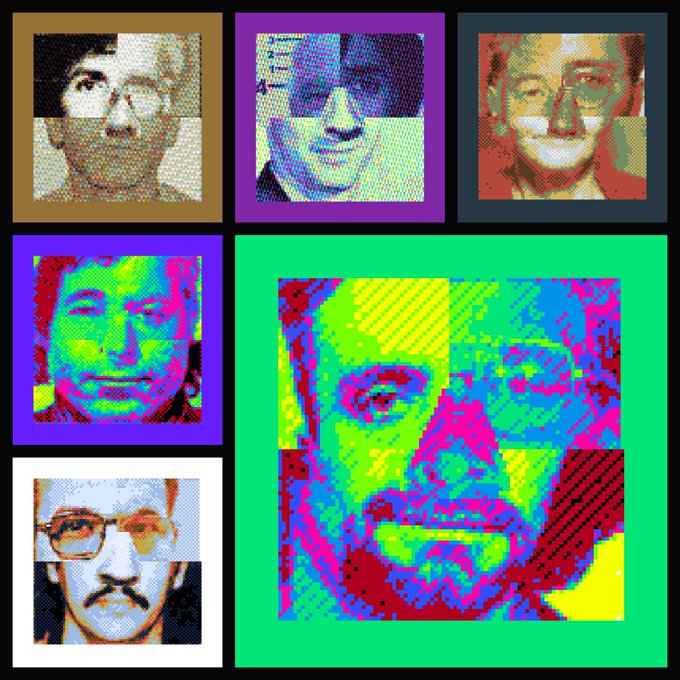 A pop art collage featuring multiple stylized, brightly colored portraits of faces rendered in a halftone/mosaic style with vibrant neon colors.
