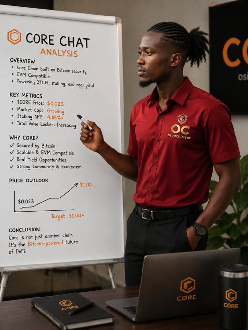 A man in a red "Original Cryptos" shirt stands beside a presentation board titled "CORE CHAT ANALYSIS," which displays key metrics including a $CORE price of $0.023, a growing market cap, 4.86% staking APY, and a $1.00+ price target. The image visually reinforces the post's message by framing CORE as a Bitcoin-powered early opportunity, mirroring BTC's early days with charts and metrics that suggest significant upside potential.
