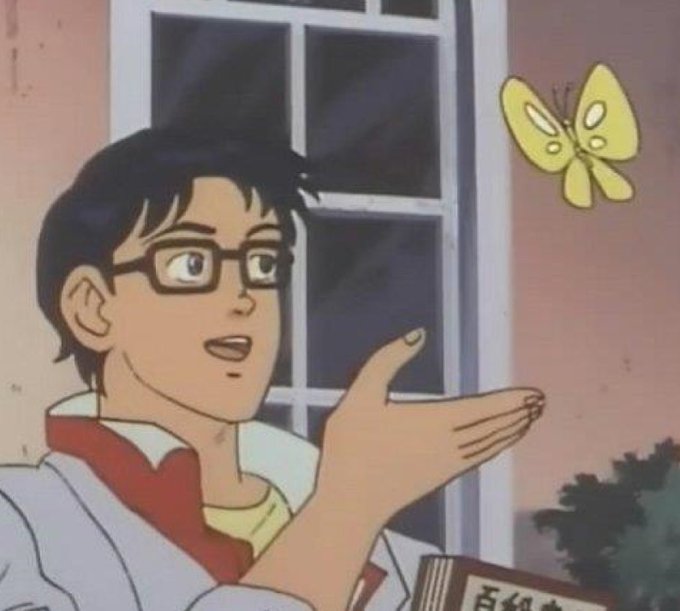 An anime character with glasses reaches out his hand toward a yellow butterfly near a window.