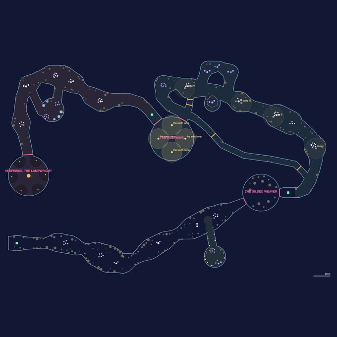 A dark-themed video game map showing interconnected areas labeled [VESPErRINE, THE LAMPWRIGHT], [THE FORGEMEN], and [THE GILDED WEAVER] with a 20 m scale bar.