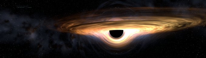 An artistic rendering of a black hole with a glowing accretion disk of orange and yellow light, set against a starry space background.