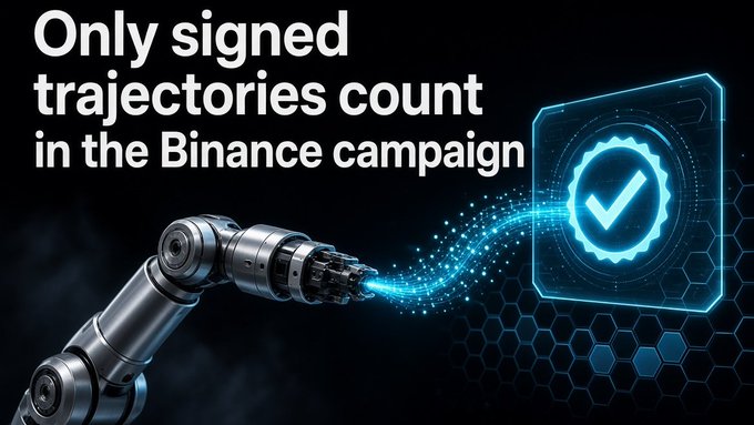 A robotic arm digitally transmits a glowing blue checkmark into a hexagonal frame, visually reinforcing that only signed trajectories qualify for the Binance wallet pool campaign by @axisrobotics. The bold text "Only signed trajectories count in the Binance campaign" directly echoes the post's message that completing Hub tasks alone is insufficient—users must sign their trajectory onchain to be included in the final distribution.