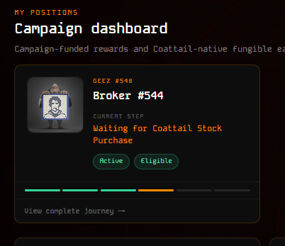 A digital dashboard titled 'Campaign dashboard' showing 'MY POSITIONS' with a 'Broker #544' card labeled 'GEEZ #540', currently in the 'Waiting for Coattail Stock Purchase' step, marked 'Active' and 'Eligible' with a progress bar.