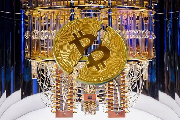 A golden Bitcoin symbol broken in two rests against an elaborate, illuminated cylindrical structure resembling a quantum computer or mining rig with cascading wires and circuitry.