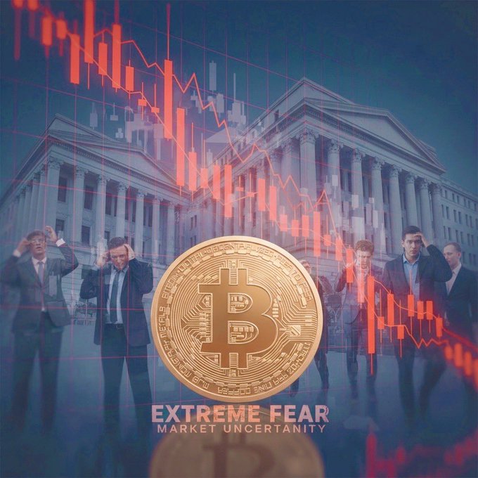 The image shows a group of people standing close together, with one man holding a large gold coin that resembles a Bitcoin. The surrounding people are wearing suits, which suggests that they could be businessmen or financial professionals. In the background, there is an office building, possibly representing a financial institution such as Goldman Sachs that could be involved in the Bitcoin battle for ETFs against Bitcoins. Above them, red and yellow charts with inverted lines symbolize the extreme fear and uncertainty that many investors are experiencing over this market issue. The text "Extreme Fear Market Uncertainty" appears to provide context or commentary about the Bitcoin situation, emphasizing the negative emotions and concerns that people may have regarding the cryptocurrency's impact on the financial markets.
