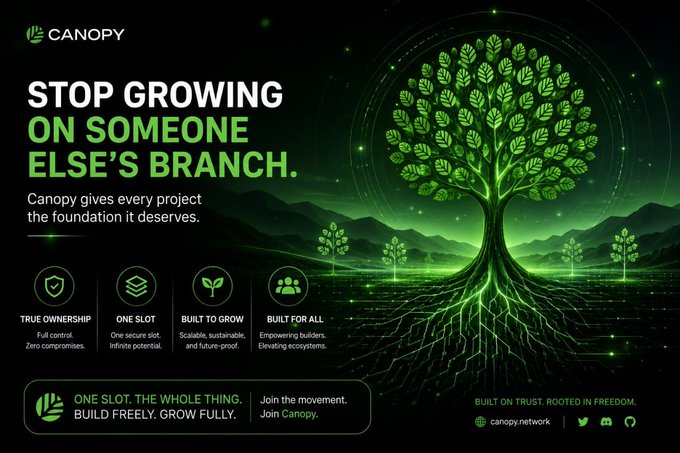A promotional graphic for 'Canopy' with the headline 'STOP GROWING ON SOMEONE ELSE'S BRANCH' and a tagline 'Canopy gives every project the foundation it deserves,' featuring a glowing green tree and icons for 'TRUE OWNERSHIP', 'ONE SLOT', 'BUILT TO GROW', and 'BUILT FOR ALL'.
