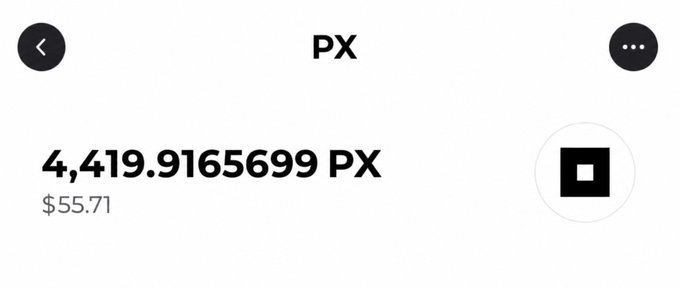 A mobile wallet screen displaying a balance of '4,419.9165699 PX' valued at '$55.71' with a PX logo.