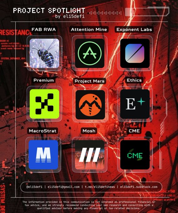 A graphic titled 'PROJECT SPOTLIGHT by eli5defi' showcases nine crypto project logos arranged in a grid: FAB RWA, Attention Mine, Exponent Labs, Premium, Project Mars, Ethics, MacroStrat, Mosh, and CME, set against a red lightning background with contact info at the bottom.
