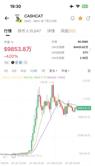 The image shows a cryptocurrency tracker screen for **CASHCAT** (0x02...18B4), displaying a market cap of **$98.538M** (down 4.02%), a price of **$0.0985**, and **$44.36M** in 24-hour trading volume. The hourly candlestick chart illustrates a dramatic price surge peaking near $1.52亿 (~$152M) market cap before retracing, visually reinforcing the post's claim of memecoins achieving **"5小时1亿美元"** (100M in 5 hours) as a powerful user acquisition tool on Robinhood Chain.