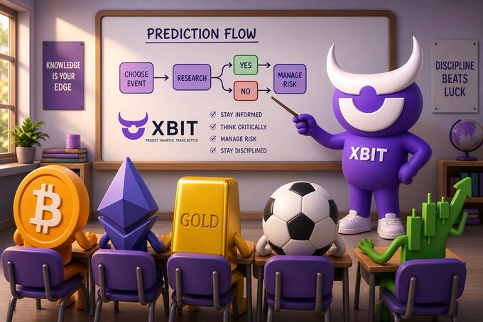 A purple "XBIT" mascot points to a whiteboard displaying a "Prediction Flow" diagram (Choose Event → Research → Yes/No → Manage Risk) with tips like "Stay Informed" and "Think Critically," while a classroom of crypto and sports-themed symbols—Bitcoin, Ethereum, Gold, soccer ball, and a candlestick chart—sit at desks, illustrating how XBIT simplifies prediction leverage trading across diverse markets.
