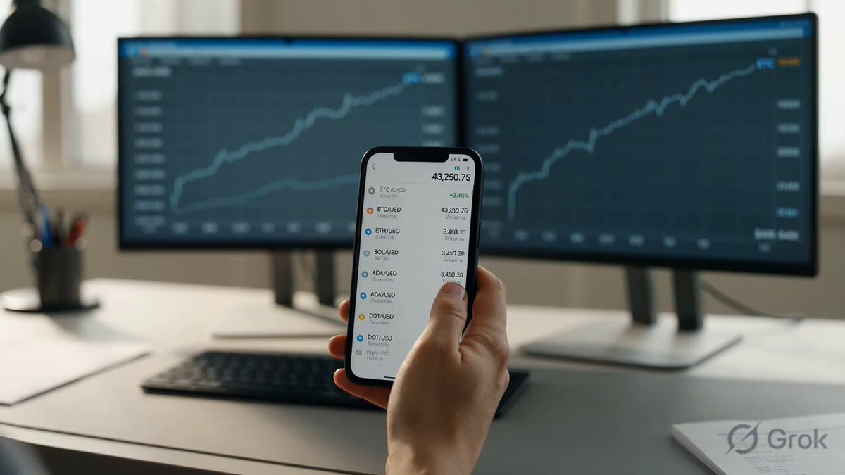The scene shows a person holding up their smartphone displaying data from two monitors, one of which displays graphs or charts related to retail trends, with the other monitor featuring an influencer's social media post that says "altseason being completely dead. It is annoying to read but if you stop looking at retail charts and track where the big institutional money is actually moving it is a totally different story." The individual seems to be engaged in analyzing information from both sources.