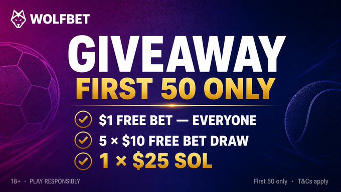 A Wolfbet promotional banner announces a giveaway limited to the first 50 sign-ups, offering a $1 free bet for everyone, 5 × $10 free bet draws, and a $25 SOL prize, with registration via wolfbet.com/register?c=50w.