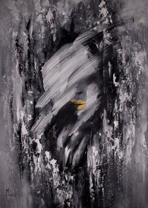 An abstract grayscale painting with heavy textured brushstrokes depicts a hooded figure with a striking golden-yellow beak-like face, signed 'Maria' in the lower left.