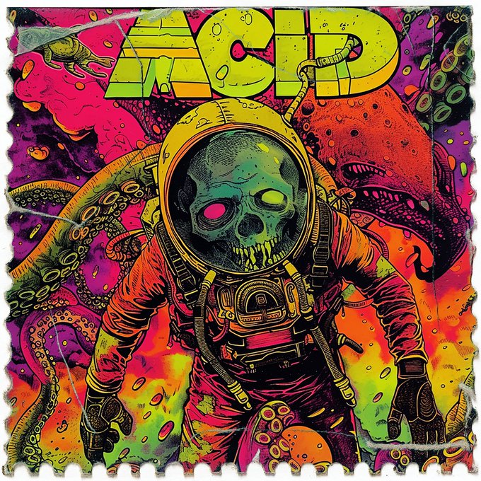 Vibrant psychedelic poster with the text 'ACID' featuring a skull-faced astronaut in a yellow spacesuit surrounded by octopus tentacles in neon pink, orange, and green colors.