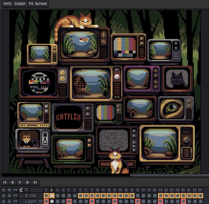 Pixel art animation editor showing a stack of retro TVs and monitors with various displays (underwater scenes, color bars, an eye, and 'CATFLIX' text) along with two cats, with timeline controls at the bottom labeling layers '6 cat' and 'Layer 10'.