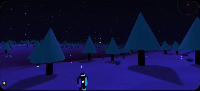 A low-poly 3D video game scene depicts a small blocky character standing in a snowy landscape with stylized blue trees under a dark, starry night sky.