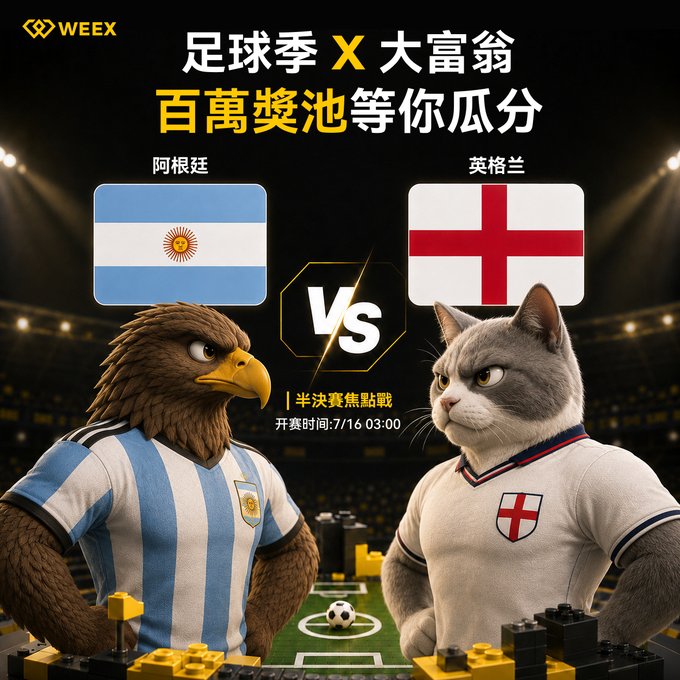A WEEX promotional graphic for a football match showing an eagle in an Argentina jersey versus a cat in an England jersey, with Chinese text translating to 'Football Season X Rich Man, Million Prize Pool' for an Argentina vs England semi-final.