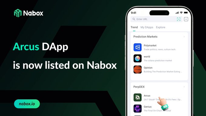 An advertisement shows the 'Nabox' logo with text 'Arcus DApp is now listed on Nabox' and 'nabox.io', displaying a phone interface with prediction market and PerpDEX apps.