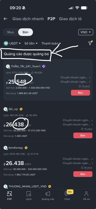 A Vietnamese P2P trading interface showing USDT sell listings with prices in VND, annotated with hand-drawn arrows highlighting 'Quảng cáo được quảng bá' (Promoted ads) and a price of 25,548.