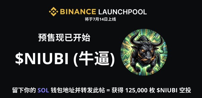 A Binance Launchpool promotional graphic announces the $NIUBI (牛逼) token presale launching July 14th, featuring a fierce bull illustration and offering 125,000 $NIUBI airdrop tokens to users who leave their SOL wallet address and share the post.