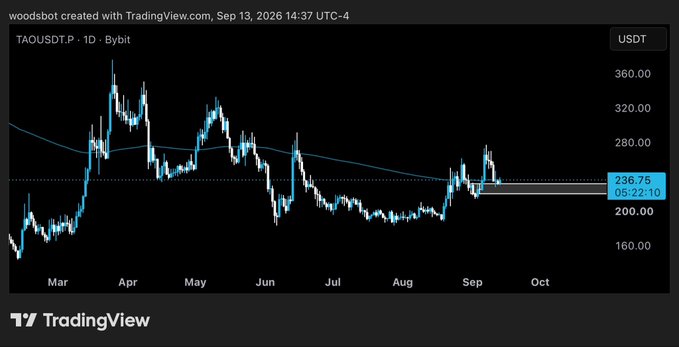 The image shows a TradingView chart of TAOUSDT on Bybit in a daily timeframe, with TAO's price currently at 236.75 USDT, displaying price action from March through September 2026 with notable support levels around 200-220. The chart visually supports the post's claim that $TAO is holding at a daily demand zone, showing the recent price stabilizing around the 236 level after a downtrend, consistent with the market chop mentioned ahead of the FOMC decision.