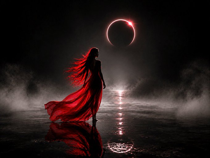 A dramatic digital artwork depicting a silhouette of a woman in a flowing red dress standing on a reflective wet surface, gazing at a solar eclipse ringed with red light in a dark, foggy landscape.