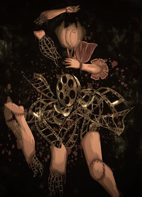 A dark, surreal digital illustration featuring fragmented body parts, including an arm, leg, and hands, surrounding a central film reel amidst film strips and blood splatters.
