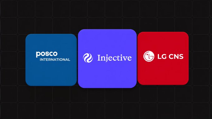 Three company logos displayed in colored squares on a black background: 'posco INTERNATIONAL' in blue, 'Injective' in purple, and 'LG CNS' in red.