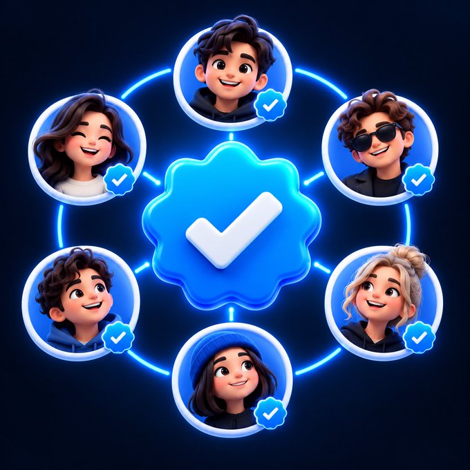 A 3D-style illustration shows six cartoon avatar portraits arranged in a circle around a central blue checkmark badge, each connected by glowing blue lines and bearing small verified checkmarks—symbolizing mutual verification and online community solidarity, mirroring the post's reflection on the collective FOMO and unseen unity driving the #蓝V互关 movement.
