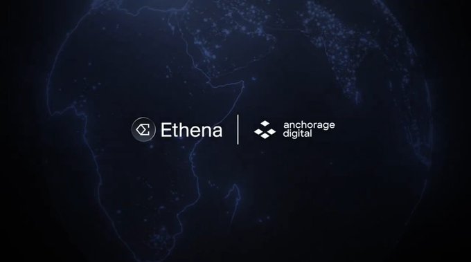 The image features an advertisement for Anchorage Digital, a company that specializes in providing financial services related to cryptocurrencies. The background of the image is a black globe with white dots representing various cities around the world. The text "Ethena" and "Anchorage Digital" are prominently displayed on the image, indicating the partnership between these two companies.