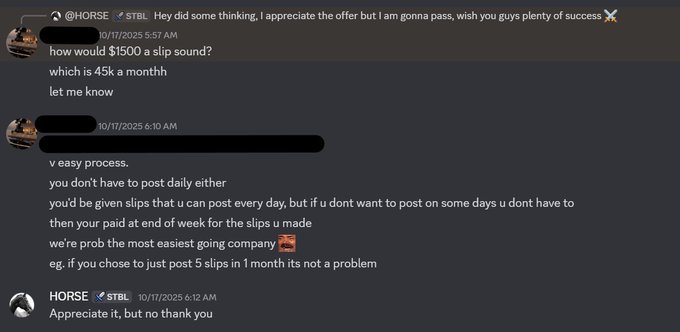 A Discord screenshot showing a user declining an offer of $1500 a month for posting daily slips, saying 'Appreciate it, but no thank you.'
