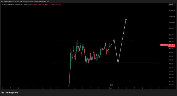 A TradingView chart of ZEC/USDT Perpetual Contract on Bybit displays a 4-hour candlestick view around the $838-865 range, with hand-drawn white arrows illustrating a potential price path: a sharp drop to the lower support zone near $760 followed by a strong rally toward $1,000+. The annotations visually support the post's "GIB" (get in bullish) thesis, suggesting an entry opportunity after a flush down to support before a major upside move.