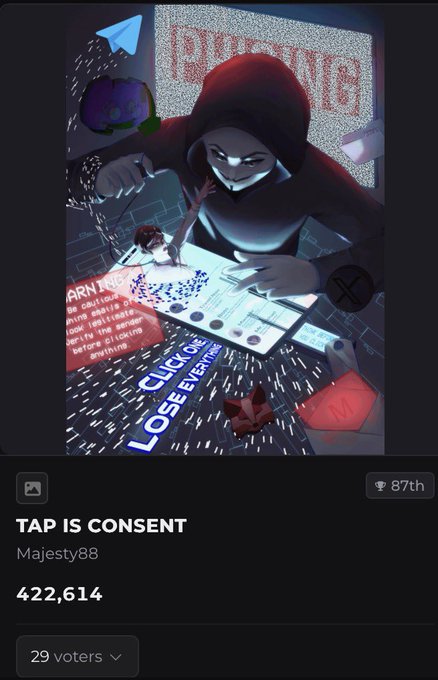 A digital illustration titled 'TAP IS CONSENT' by Majesty88, currently in 87th place with 422,614 votes from 29 voters, depicts a hooded figure at a computer above text warning about clicking and losing everything.