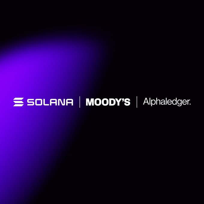 The image features a purple background with white text that reads "SOLANA Moody's AlphaEdger". The text is centered, making it easy to read against the purple backdrop. The image also includes a watermark at the bottom that says "@alpha_ledger". This watermark indicates that the image is related to Solana and Moody's credit ratings, suggesting that they are now live and machine-readable on Solana through AlphaEdger.
