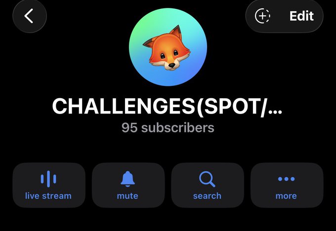 A Telegram channel called "CHALLENGES(SPOT)/..." with 95 subscribers featuring a fox logo and a live stream notification. The "live stream" indicator is highlighted, corresponding to the post announcing that a "$100K group is live now" with contact info via t.me/CRYPTO_GVR.