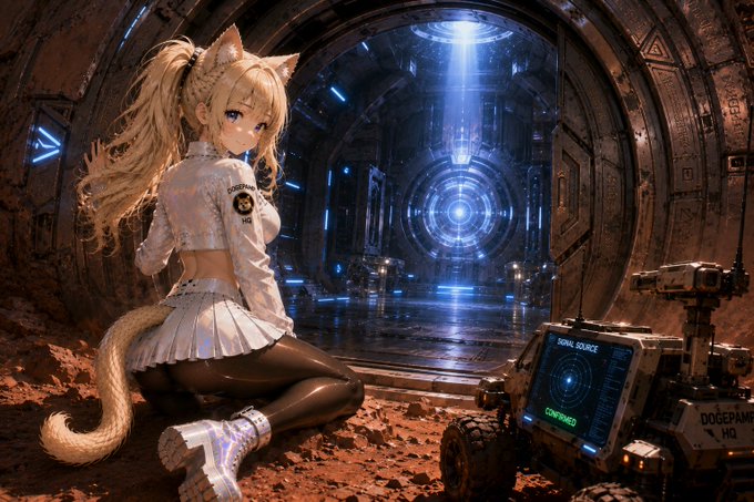 An anime-style image of a blonde cat-girl character with a tail wearing a white outfit, kneeling in a futuristic sci-fi corridor with a small rover labeled 'DOGEPAMP HQ' showing 'SONIC SOURCE CONFIRMED'.