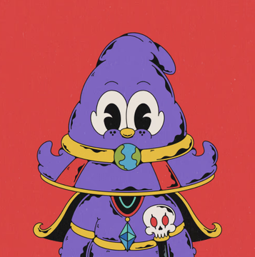 Cartoon illustration of a baby-like character wearing a purple wizard hat and robe with gold trim, a red cape, and a pendant featuring an Earth globe, alongside a skull emblem, set against a red background.