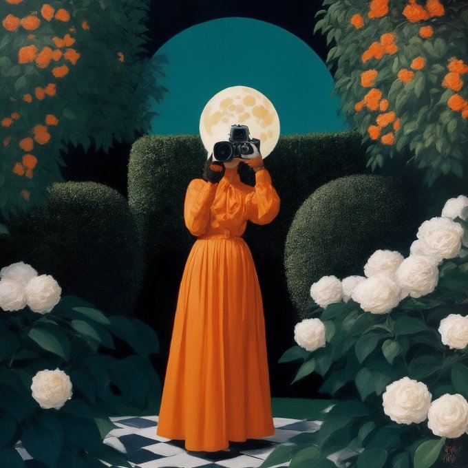 An illustrative artwork of a woman in an orange dress taking a photograph with a camera, set against a moonlit garden background with orange and white flowers.