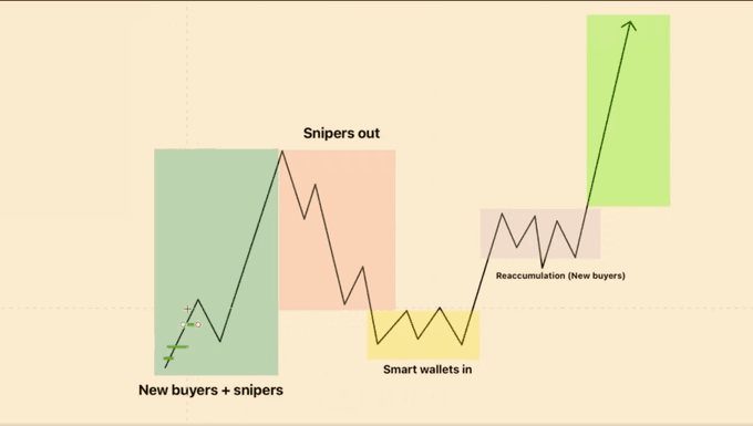 A stock market-style line chart illustrates trading phases with labels including "New buyers + snipers", "Snipers out", "Smart wallets in", and "Reaccumulation (New buyers)" marking different colored zones.