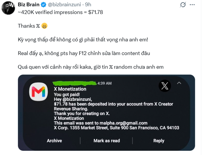 A tweet by 'Biz Brain' (@bizbrainzuni) complaining that 420K verified impressions only earned $71.78, sharing a screenshot of an X Monetization payment notification.
