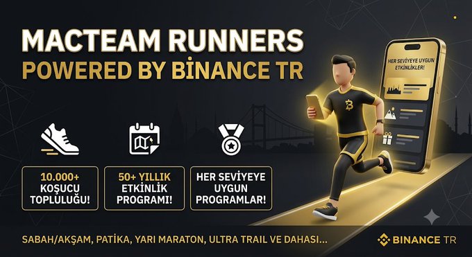 The image is a promotional graphic for "MACTEAM RUNNERS POWERED BY BİNANCE TR," featuring a 3D illustration of a runner alongside a smartphone displaying the Binance TR app, with highlights including "10.000+ KOSUCU TOPLULUĞU!" (10,000+ runner community), "50+ YILLIK ETKİNLİK PROGRAMI!" (50+ year event program), and "HER SEVİYEYE UYGUN PROGRAMLAR!" (programs suitable for every level).

The post connects running and crypto trading as pursuits that reward patience and consistent discipline over impulsive decisions—aligning with the image's promotion of a long-term, structured runner community backed by Binance TR, emphasizing that both marathons and markets require steady strategy rather than quick moves.